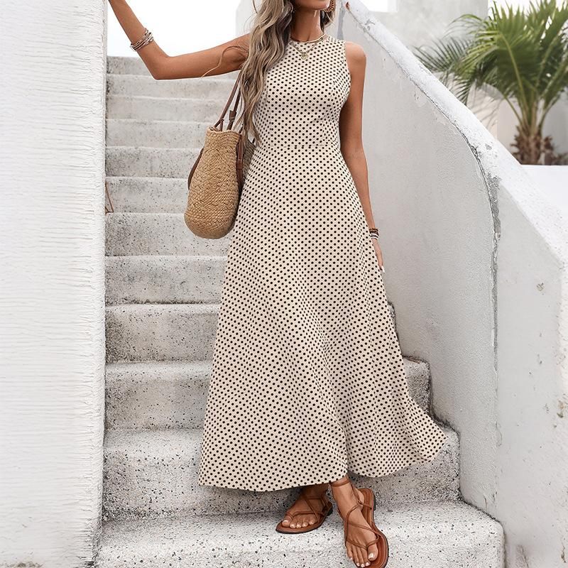 Women's Black Polka Dot Halter Neck Sleeveless A Line Maxi Dress