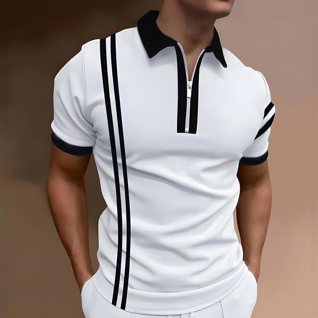 Men's Casual Striped Zipper-Collar Short-Sleeve Shirt