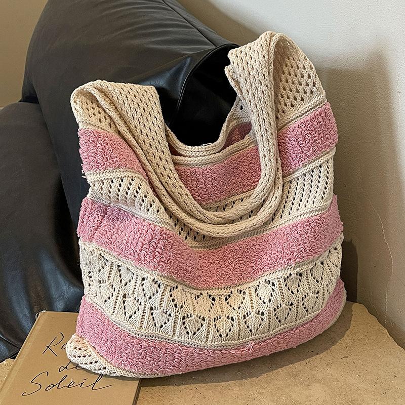 Ladies Woven Bag Striped Knitted Bag Simple Hollow Out Hand Held Shoulder Bag