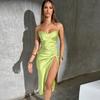 2023 Nightclub Beach Women Spaghetti Strap Satin Dress Summer Knotted Slit Ruched Sleeveless Backless Party Dress