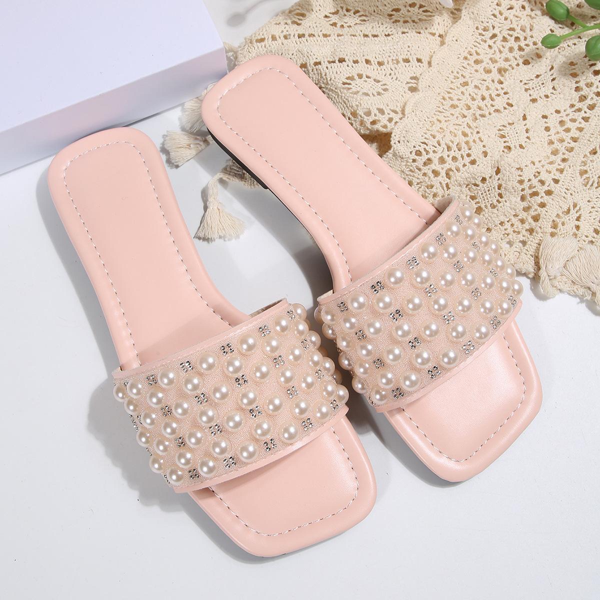 

Повседневные и удобные квадратные тапочки на плоской подошве 2025 года, новые модные пляжные сандалии большого размера с жемчужным принтом 43 розовый