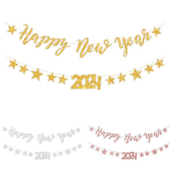 Banner Flag 2024 Glitter Happy Year Letters Create Atmosphere Shiny Elegant Hanging Decorations or Party