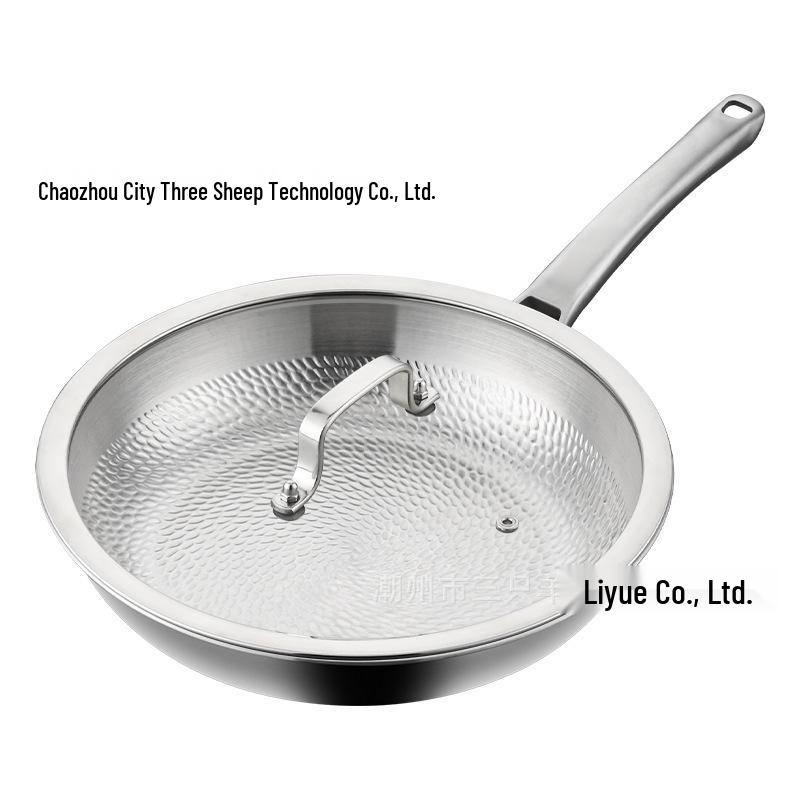 Titanium Dragon Scale Hammer Pattern Flat Bottom Wok with Square Handle, No Coating, Less Oil Smoke, Stainless Steel Steak Frying Pan.