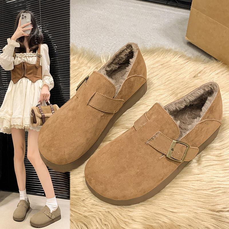Retro Birkenstock shoes women's winter velvet warm cotton shoes women's Japanese ugly and cute flat-bottomed loafers women's shoes