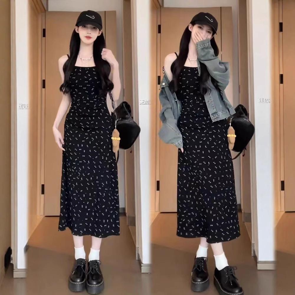 Black suspender floral dress women's early spring new super good-looking hot girl small waist and thin skirt