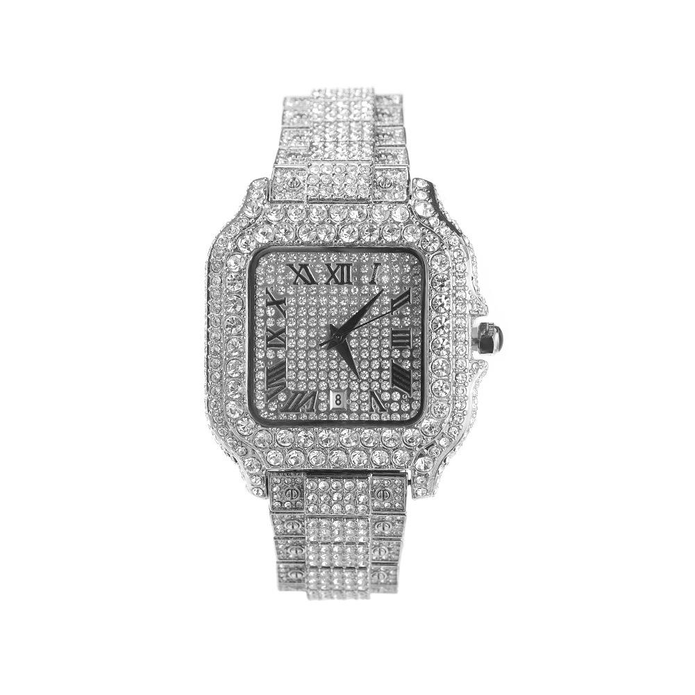

Hip Hop Men s Watch Square Diamond Roman Scale Watch Niche Premium Large Dial Watch срібний