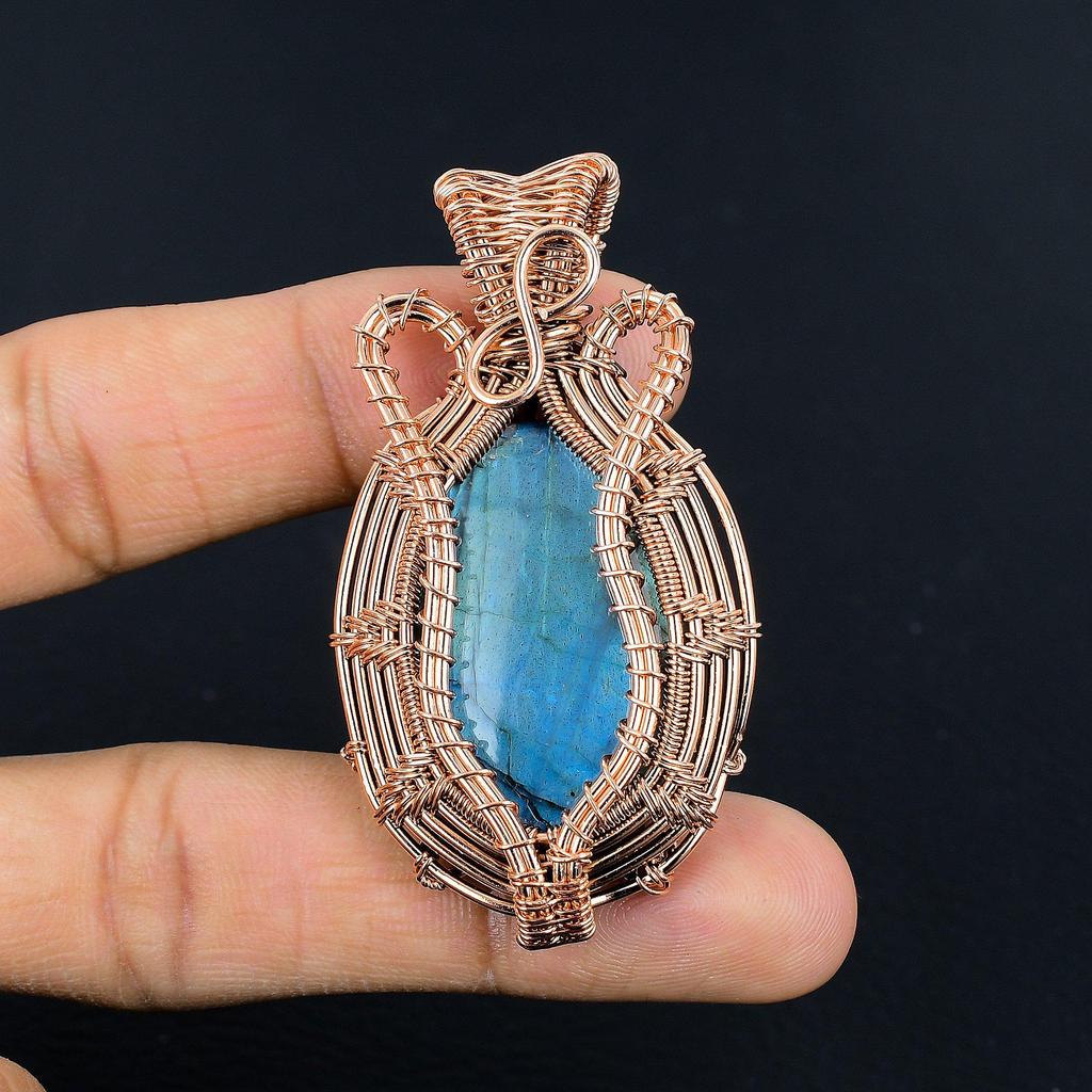 Labradorite Pendant, Handmade Gemstone 999 Copper Wire Wrapped Pendant Antique Jewelry, For Gift Silver Jewelry