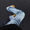 Washed Lightning Blue Jeans Men's Design Sense Crack American Retro Straight High Street Loose Versatile Scimitar Trousers