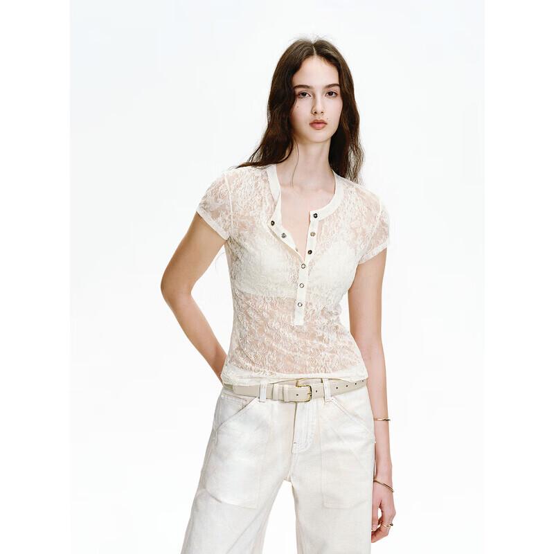 

Women s Flocking Lace Jacquard Henry Collar Knit T-Shirt M