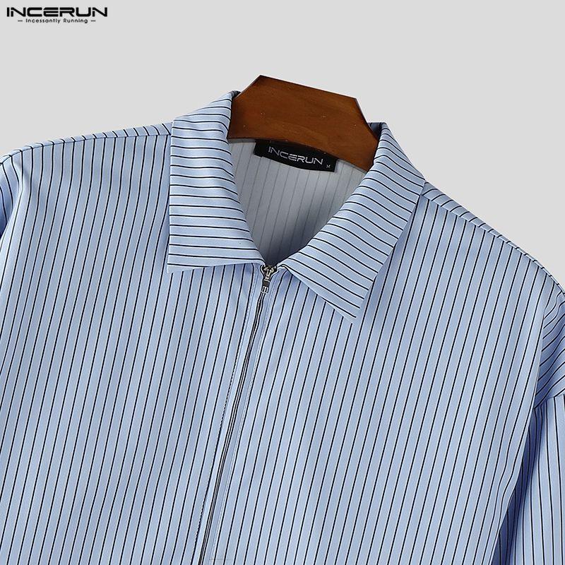 INCERUN Oversized Men Long Sleeve Striped Print Shirts Casual Loose Button Tops