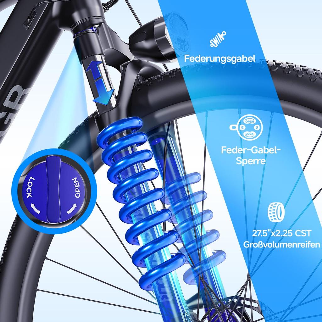 Men’s 27.5" Electric Mountain Bike, 250W Motor, 13Ah Battery, Range 30-60 Km, 9-Speed Gear