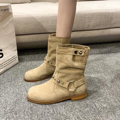 Stivaletti corti da donna di alta qualità più venduti 2024 con punta a punta, fibbia con rivetti, scarpe basse da donna, stivali da cowboy western da donna