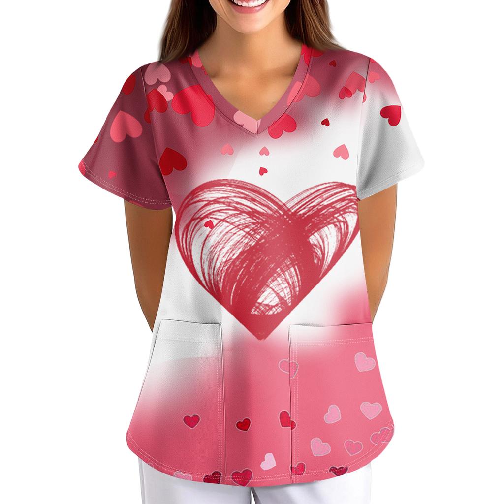 Plus SizeWzorzysty Strój Roboczy Bluzki Dla Kobiet Krój V-Neck z Nadrukiem Krótki Rękaw Zabawne T-Shirty Odzież Robocza Tee z Kieszeniami