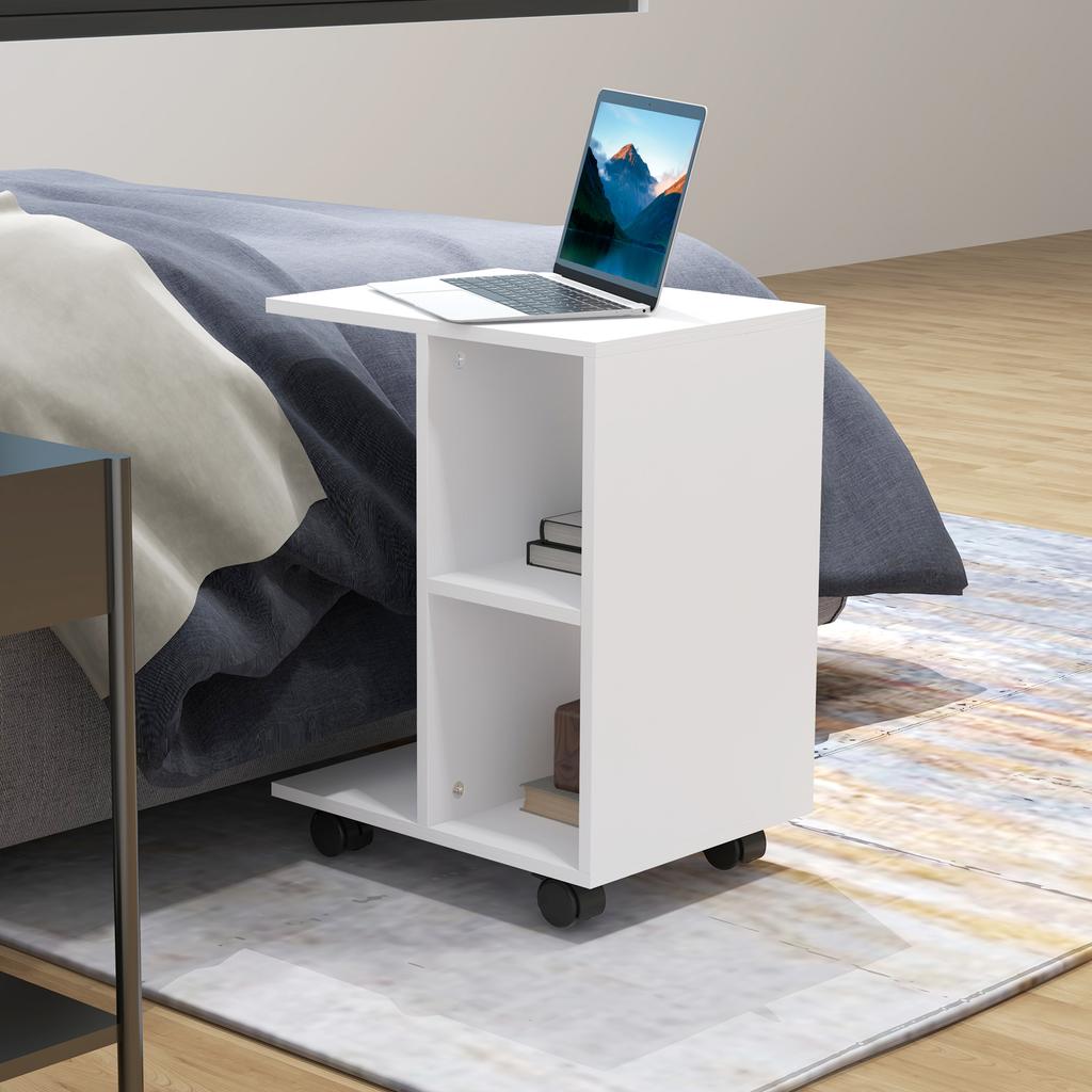 Side Table With Wheels C Shaped Sofa Table With Open Shelves For Living Room 45x35x58 Cm White