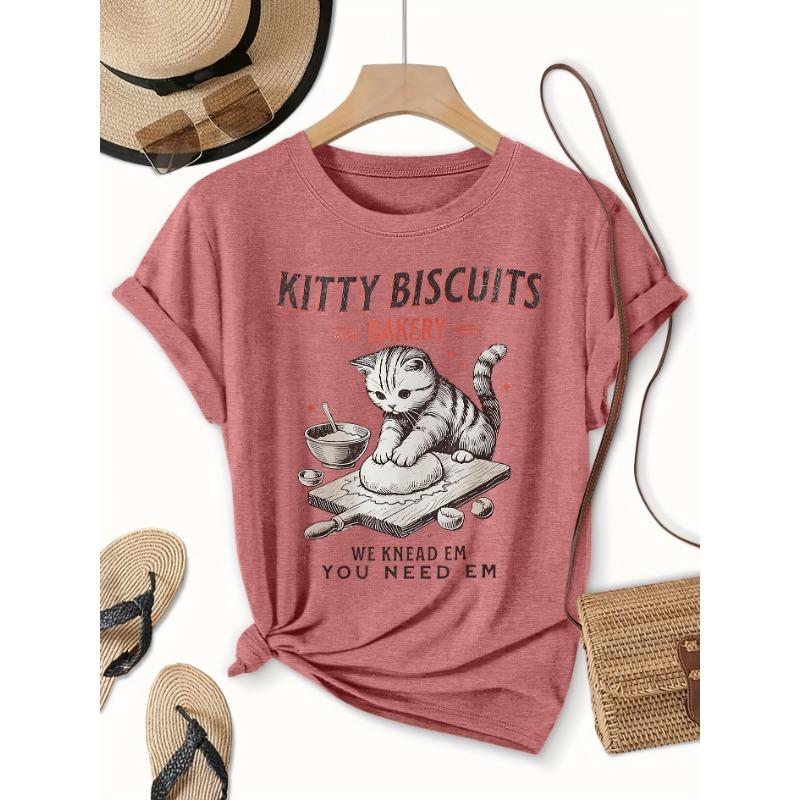 Women's Elegant Short Sleeve Cat Baking Theme Printed Round Neck Women's T-Shirt