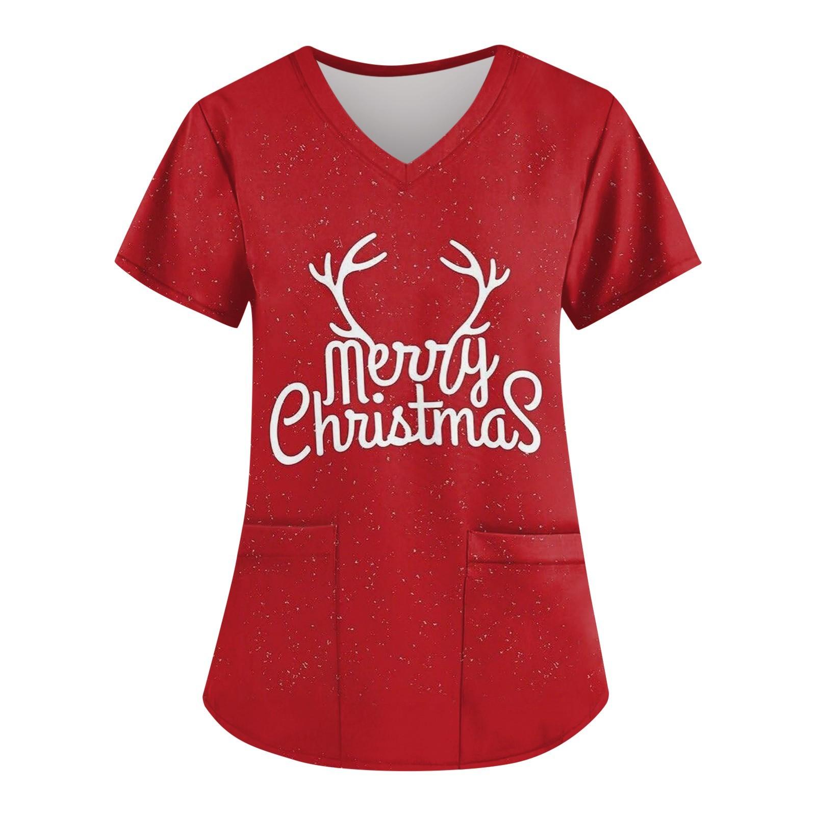

Женская мода с рождественским принтом и короткими рукавами с v-образным вырезом, маленькая рабочая футболка с карманами XL красный
