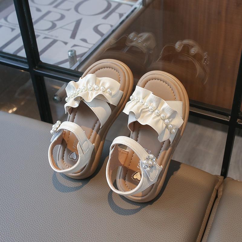 New Summer Children s Pearl Sandals for Princess Sweet Ruffled Edge Girls School Sandals Open-toe Kids Beach Sandals 26