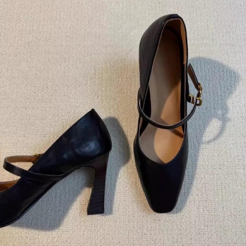 Women's Slim Heel Shoes Spring New Pointed Head Shallow Mouth One Word Buckle Strap Anti-slip Wear-resistant High Heels