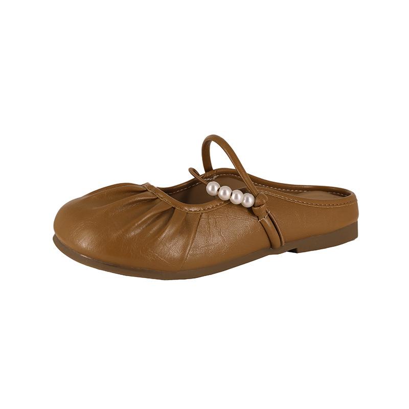 Pearl bag head half slippers women's outer wear 2025 new lazy with skirt flat bottom cool slippers