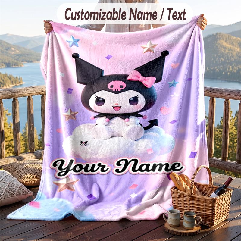 Custom Text Flannel Throw Blanket, Lightweight Cozy Bed Sofa BlanketKuromi