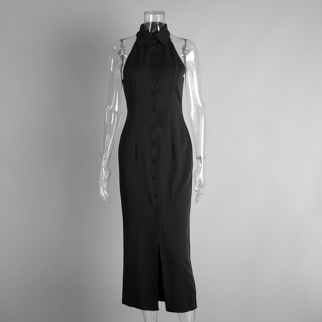 Summer New Women's Minimalist Slit Maxi Dress, Fashion Lapel Sleeveless Dress for Women European American Style