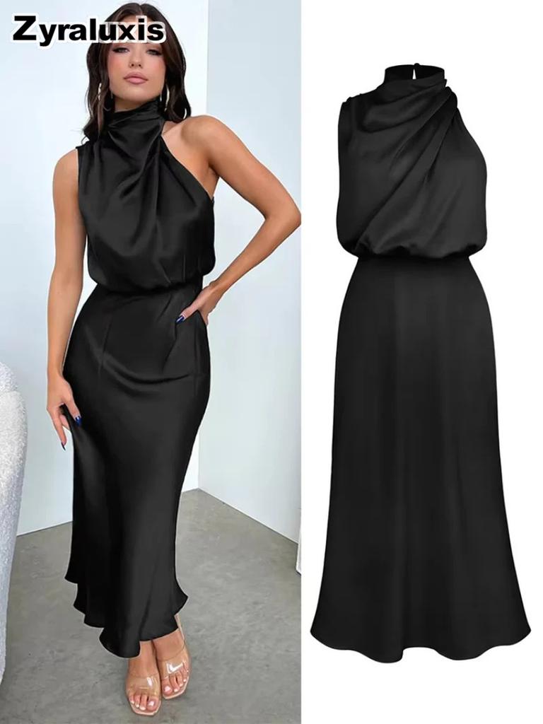 Luxury Satin Sleeveless Dress for Women - Elegant Evening Gown for Spring/Summer Collection