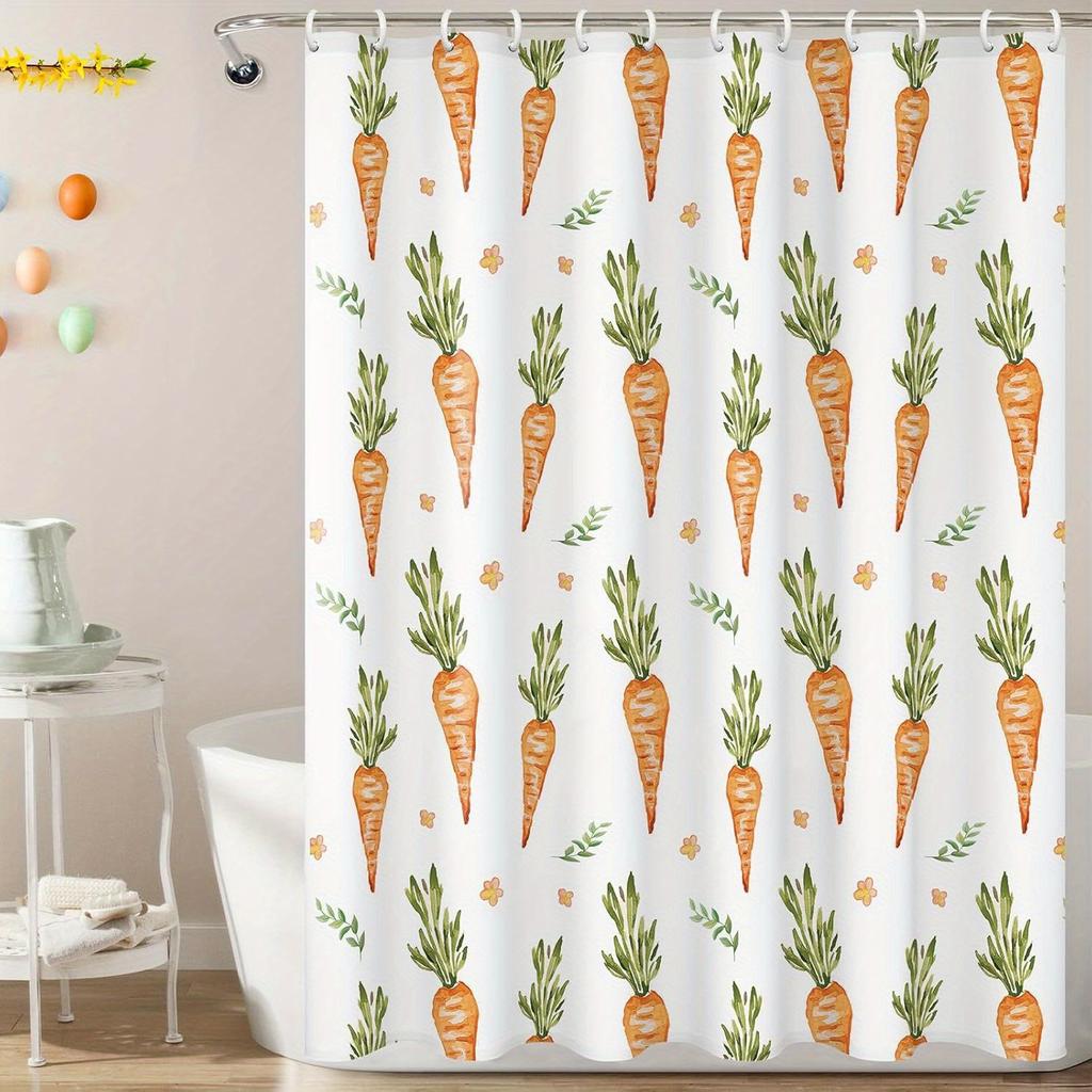 Easter Shower Curtain Set - Watercolor Carrot with Green Leaves & Orange Flowers, Waterproof, Playful & Durable Bath Decor