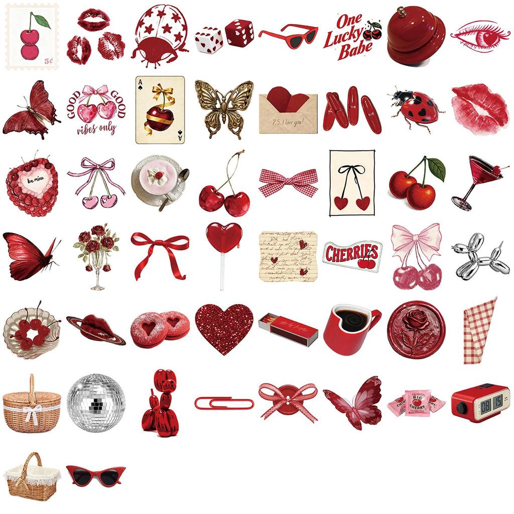 50 Cherry-Colored English Graffiti Stickers: Waterproof, Self-Adhesive for Scrapbooks & Phone Cases