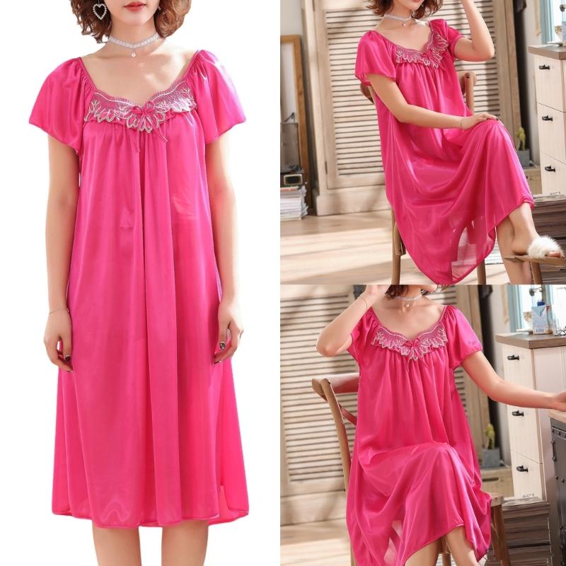 Women's Ice Silk Nightgown Sleepwear Round Neck Nightie Short Sleeves Nightshirt Summer Sleepwear Nightdress Sleep Dress