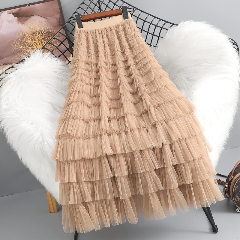 

High-Grade Women s Mesh Skirt: Spring/Summer 2024, High-Waist, Layered Mid-Length Fairy Gauze Skirt One Size хаки