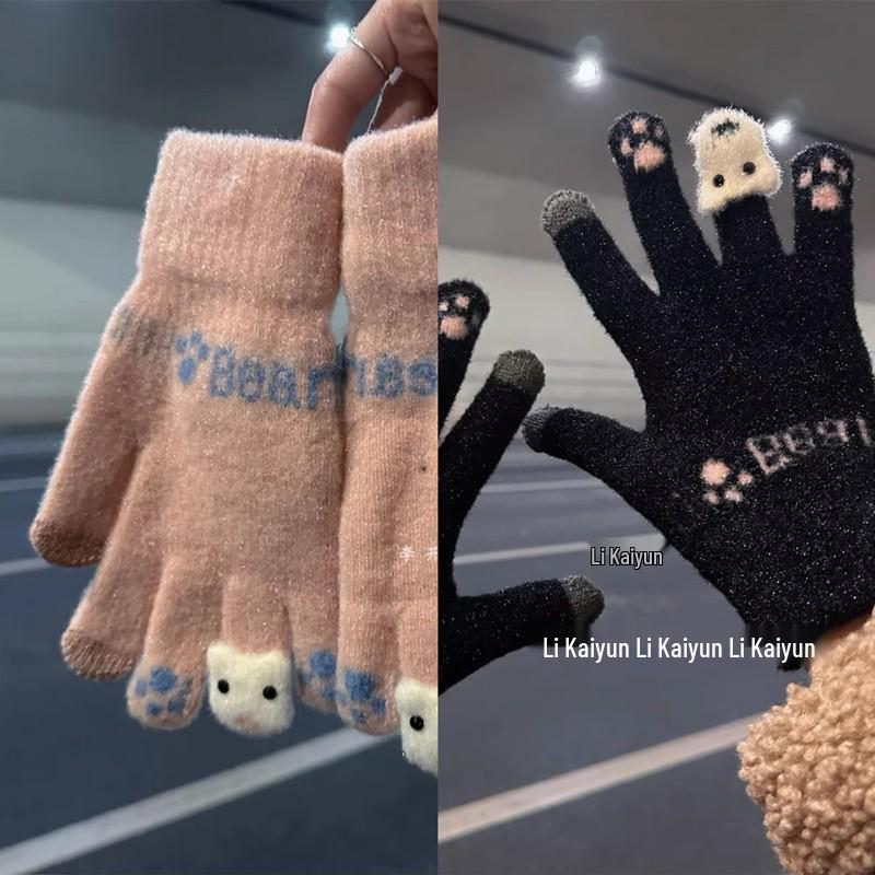Women's Cute Winter Touchscreen Wool Knit Gloves - Velvet Lined, Cold-Proof for Cycling and Daily Wear