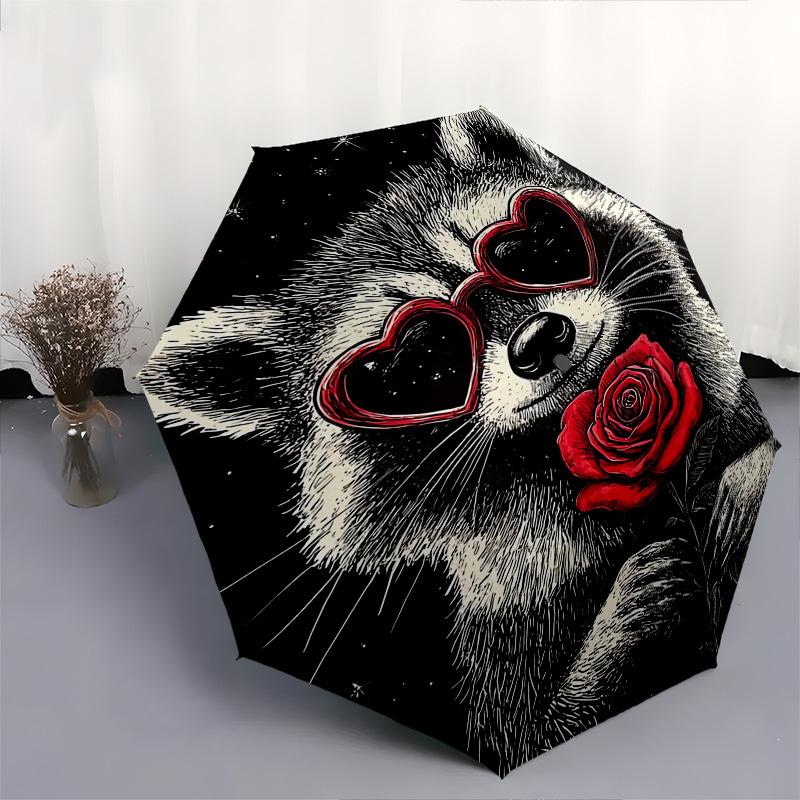 1pc Heart-Shaped Sunglasses Raccoon with Rose, Automatic Folding Umbrella, Portable 3-Fold Design, 8-Bone Iron Frame Outdoor Umbrella, Perfect Gift fo