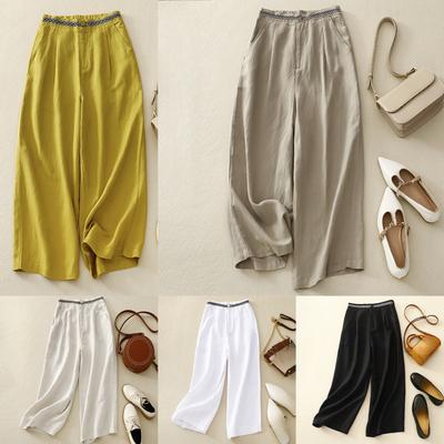 Women's Summer Solid Color 5-color Waist Elastic Cotton and Linen Wide-leg Pants Nine-point Pants  Literary Large Size Casual Pants Trend