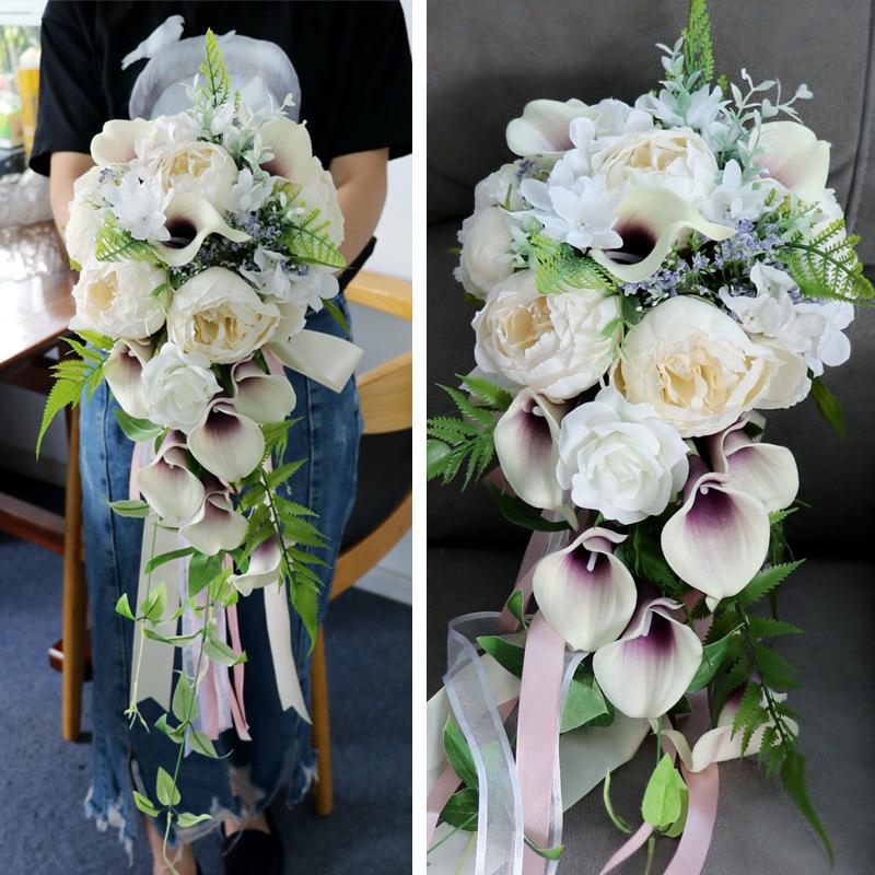 New Waterfall Wedding Bridal Bouquets for Wedding Calla Lilies Faux Rose Bride Wedding Bouquet Romantic Wedding Party Decoration