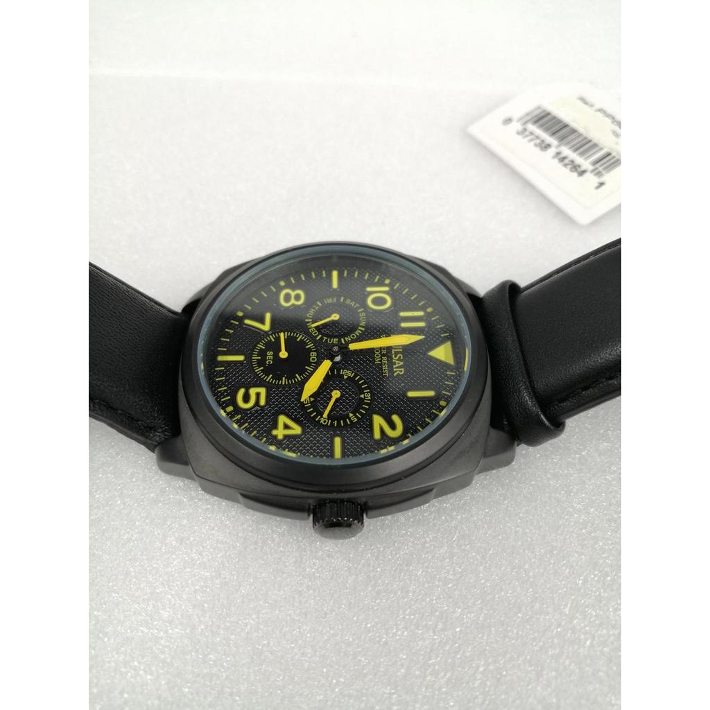 Used PULSAR PP6077 BLK YEL Leather strap Japanese instruction manual not available Quartz watch