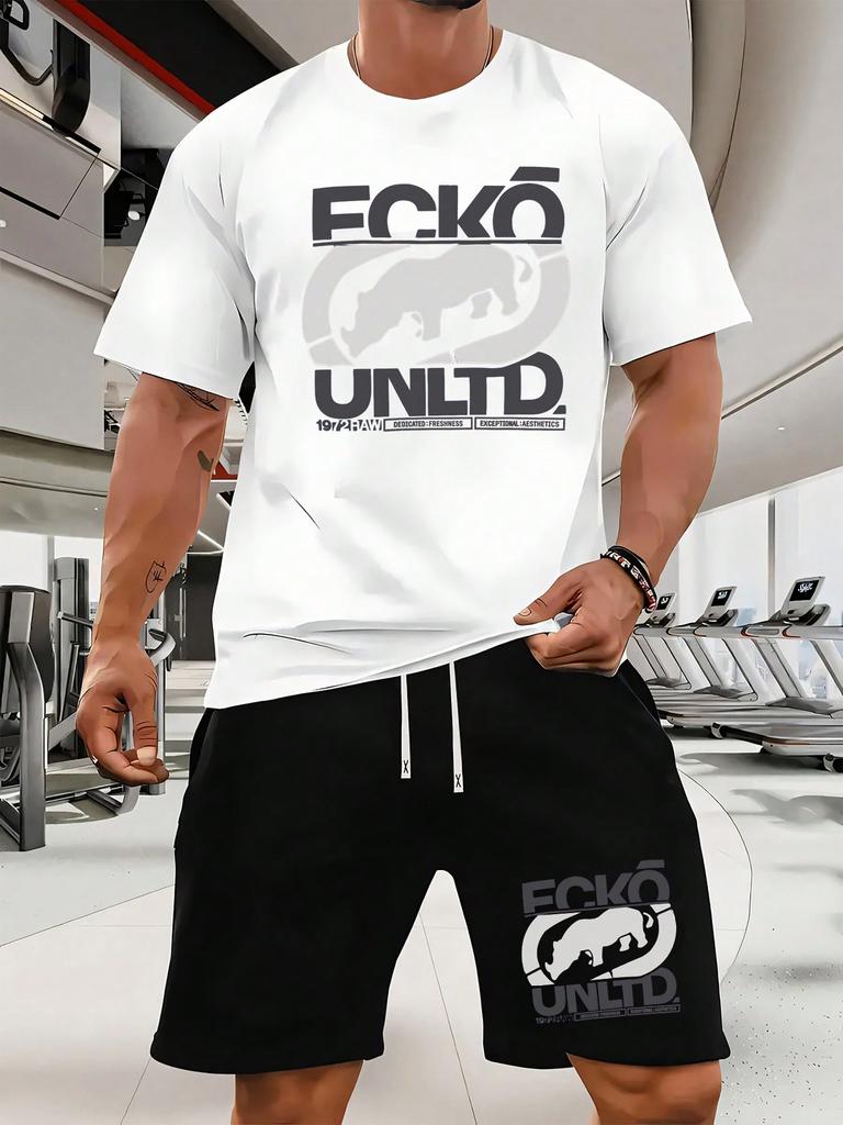 Men's Ecko T- Shirt And Shorts Set- Gray Rhino Graphic- Street Style- Fashion, Ideal For Those Who Love Urban Aesthetics.