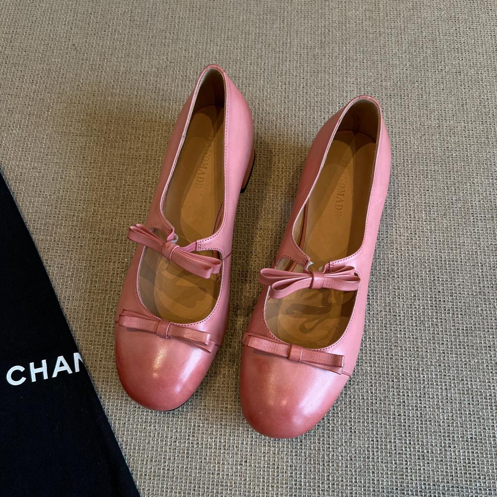 Sheepskin Temperament Double Bow Polished High Heels Retro Light Mouth Versatile Leather Shoes Mary Jane Shoes Women's Single Shoes