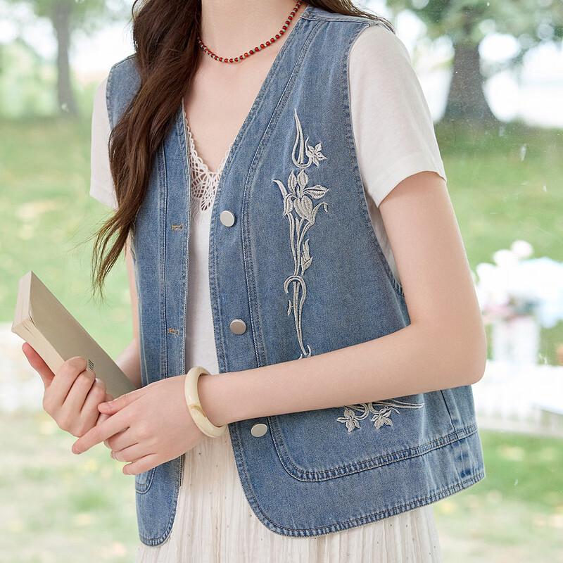 Bailuyu Vintage Washed Denim V-neck Embroidered Vest