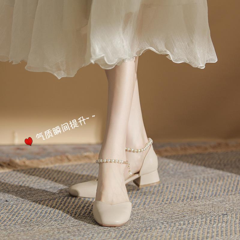 

Босоножки Baotou женские, лето 2025, новые универсальные, в стиле феи, с жемчужным французским каблуком, средний толстый каблук, одинарные туфли Мэри Джейн 34 абрикосовый