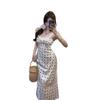 Polka dot lace long backless dress women's summer new sweet waist and thin temperament suspender dress