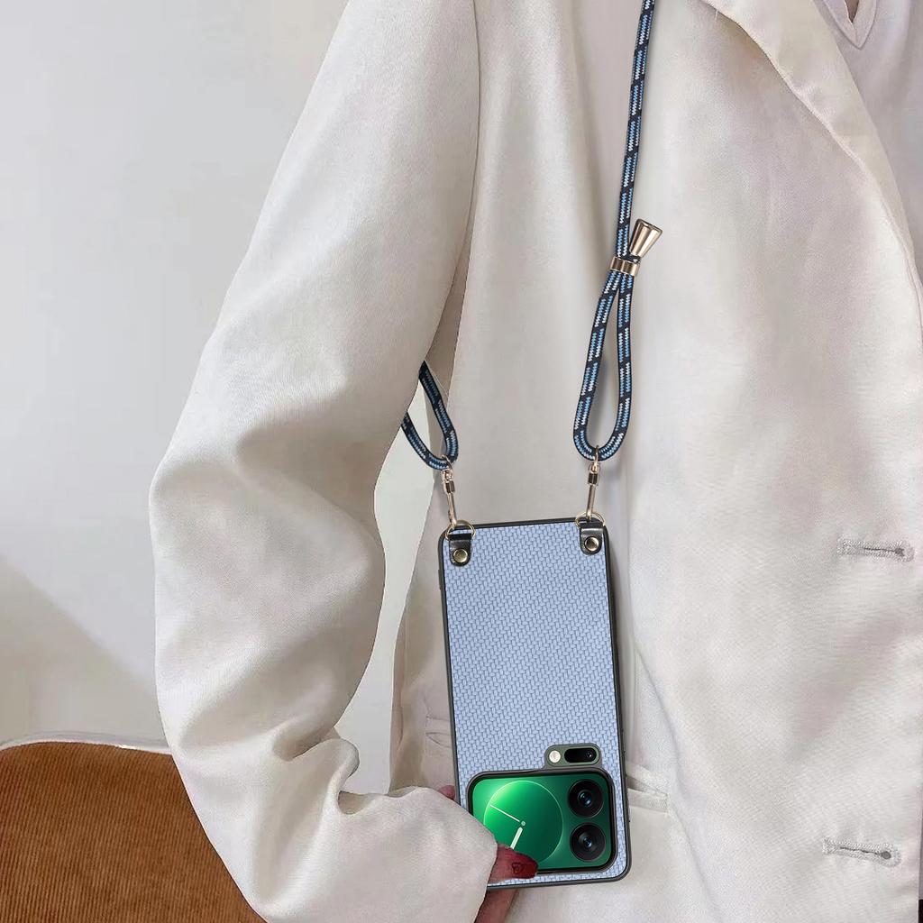 For Xiaomi 17 Pro Case Carbon Fiber Texture PU + PC + TPU Anti Drop Phone Cover with Crossbody Lanyard
