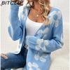 BITCED Autumn/Winter Mid-Length Cardigan for Women Loose-Fit Colour-Block Floral V-Neck Long-Sleeved Knitted Cardigan