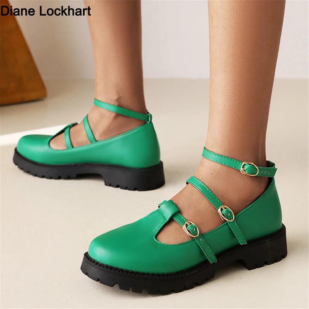 Fashion 2025 Women Flats Ankle Strap Buckle Loafers Fashion Round Toe Platform Casual Shoes Ladies Retro British Style Size 34-42 Green