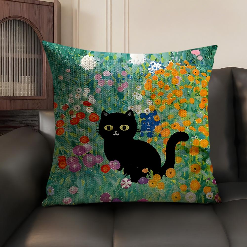 Black Cat Oil Painting Cushion Cover Summer Breathable Linen Organic Fabric Double-Sided Printing Sofa Pillow Case Home Decor
