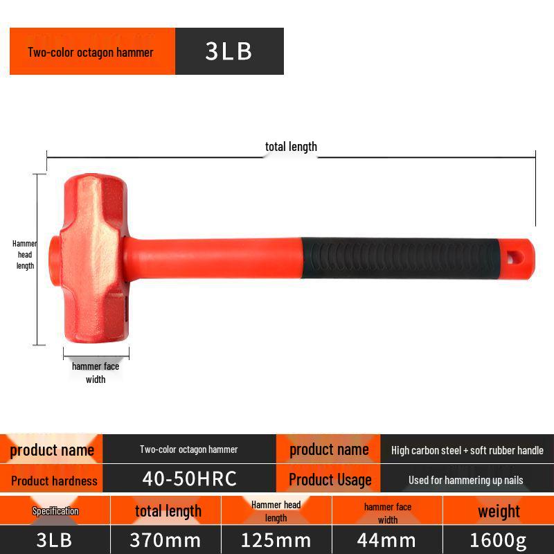 Osmihranné kladivo se čtvercovou hlavou s dřevěnou rukojetí, ideální pro těžké demoliční a zednické práce.