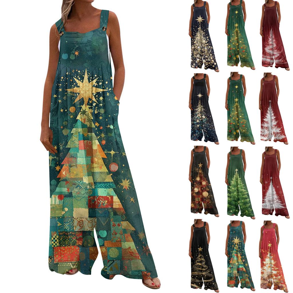 Women's Christmas Print Solid Wide Leg Strapless Tank Pocket Casual Onesie
