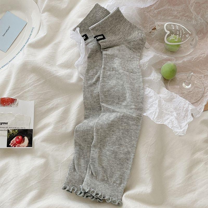 Sock-style Women's Summer/autumn Lightweight Solid-color Vertical Stripe Mid-calf Wooden-ear Cuff Breathable All-purpose Foot Cover Socks