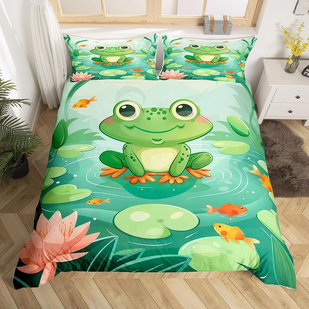Frog And Lotus Leaf Duvet Cover Sets For Kids Boys Girls Lightweight Quilt Covers Green Animals Themed Bedding Set Bedroom Decor