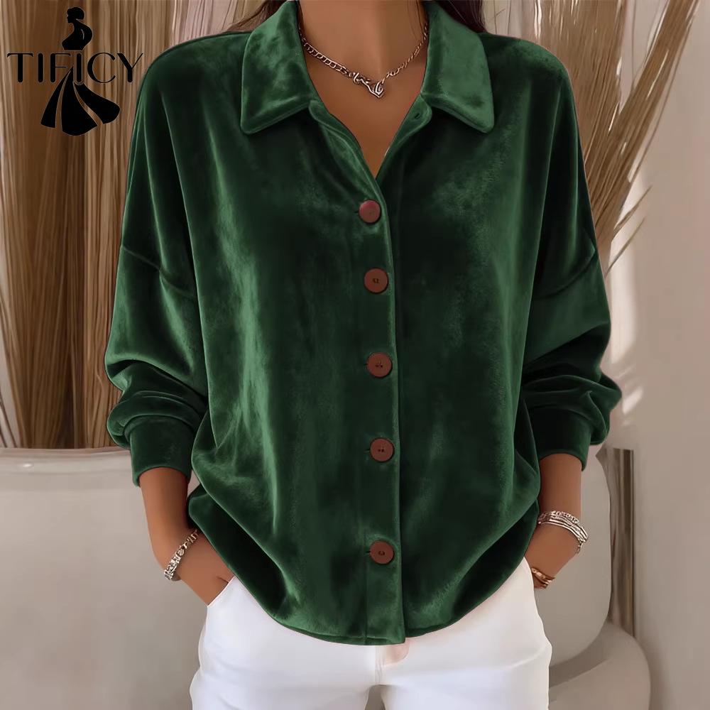 TIFICY Women's Fashion Casual Spring Autumn Solid Color Print Long Sleeve POLO Neck Blouses & Shirts
