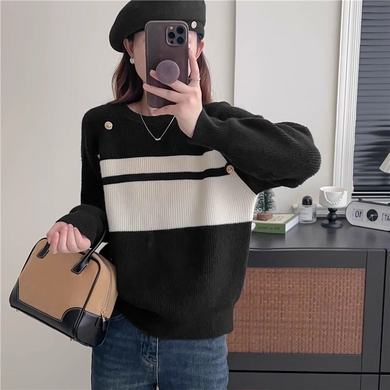 

Осенне-зимний полосатый свитер с круглым вырезом, вязаный базовый, с цветными блоками, свободного дизайна, вязаный свитер-топ 3XL